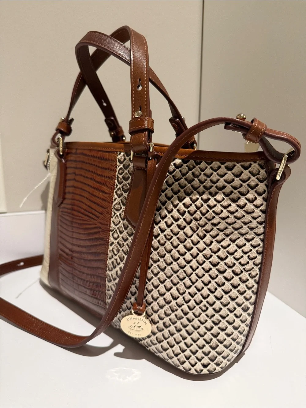 Brahmin Tri-Panel Leather Satchel in Brown and Cream
